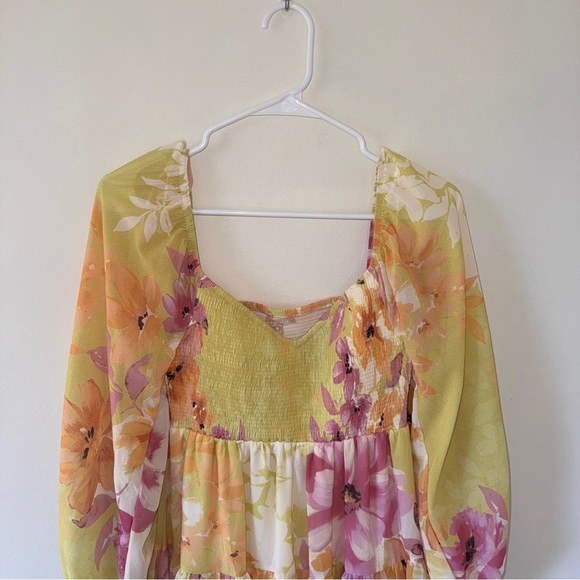 Square Neck Puffy Sleeve Smocked Babydoll Dress Floral Flowy Short Dress S - Picture 4 of 7